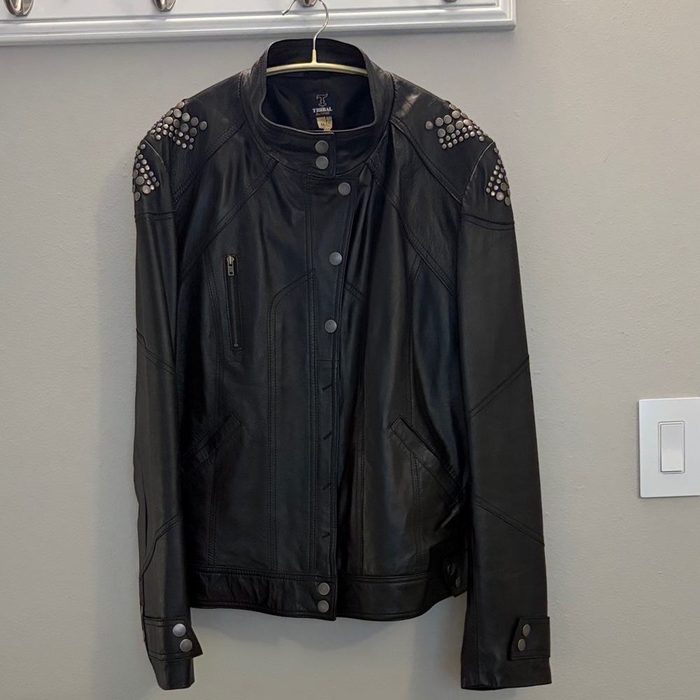 Tribal Black Leather Stud-Accent Moto Jacket